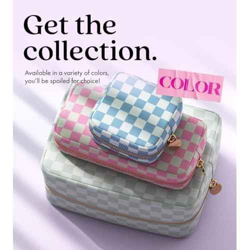 Embla Makeup Bag Travel Cosmetic Bag, Toiletry Bag, Cute Makeup Organizer, Nylon Zipper Pouch Purse Storage Bag Cosmetics Organizer, Womens Make Up Bag Mini Makeup Bags (Sand Checkered)