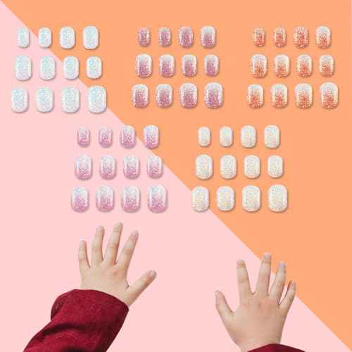 SIUSIO 120Pcs 5 Pack Press on Nails kids Children Acrylic Fake Nails Cute Pre-glue Full Cover Gradient Color Rainbow Short Stick On False Nail Art Kits Set for Kids Little Girls - Colorful Glitter