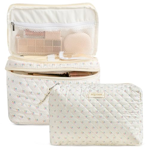 HBselect 2Pcs Double Layer Travel Makeup Bag Women, Cotton Quilted Makeup Bag Coquette Makeup Bag Large Travel Cosmetic Bag Aesthetic Cute Kawaii Cherry Makeup Bag Toiletry Bags for Women Girls