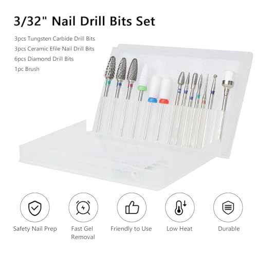 13PCS Nail Drill Bits Set, 3/32¡± Professional Nail Drill Bits, Tungsten Carbide Ceramic Efile Cuticle Remover Bits with Brush, Brocas para u?as for Home Salon Nail Manicure