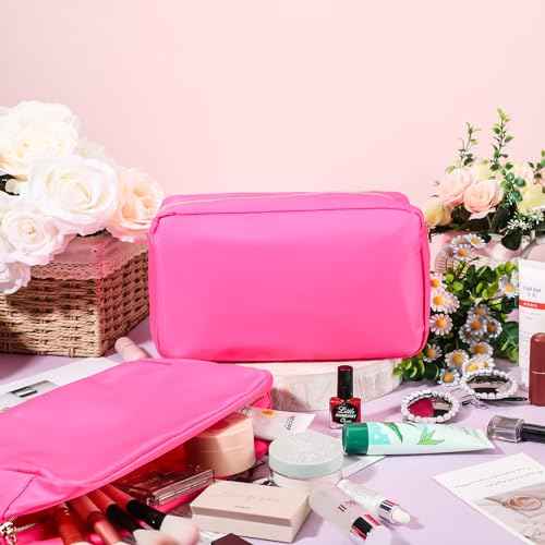 Hushee 4 Pcs Nylon Makeup Bag Preppy Zipper Pouch Waterproof Nylon Toiletry Storage Bag for Women(Small,Hot Pink)