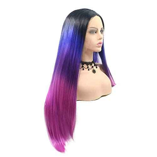 24" Long Straight Black Ombre Purple Synthetic Lace Front Wig for Women Cosplay Party Drag Queen Hairstyle 1B Black to Violet/Rose Red Mermaid Colorful Wedding Wigs Natural Hairline