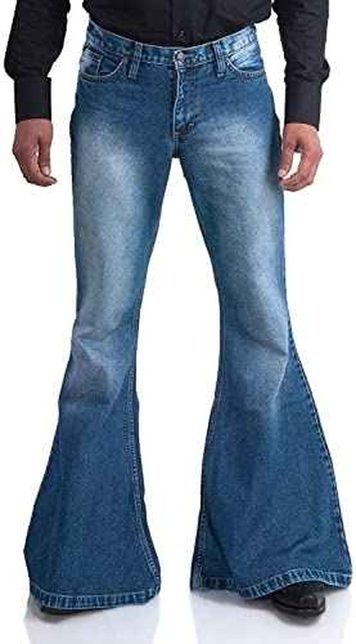 Men's Relaxed Vintage 60s 70s Bell Bottom Stretch Fit Classic Comfort Flared Flares Retro Leg Disco Denim Jeans Pants (Bu, Small)