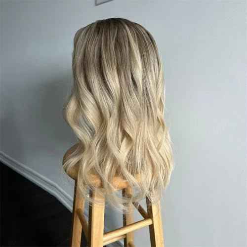 Short Bob Ash Blonde Lace Frontal Wig Human Hair Brown Highlight 13x4 Water Wave HD Transparent Lace Front Human Hair Wigs For Women 180% Density Brazilian Hair Blonde Highlight Wigs 8Inch
