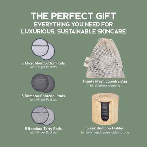 Greenzla Reusable Makeup Remover Pads Premium Set, 12 Pack Microfiber Cotton Pads, Charcoal Cotton Rounds, Bamboo Terry Face Wipes for All Skin Types with Mesh Laundry Bag and Bamboo Storage