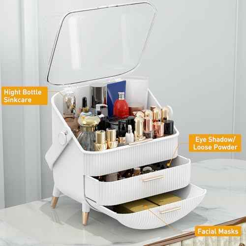 Makeup Organizer with Transparent Lid & 2 Drawers ? Large Capacity Cosmetic Skincare Storage Box for Bathroom Vanity, Countertop, Bedroom ? Portable and Dustproof, White (11"x7"x14")