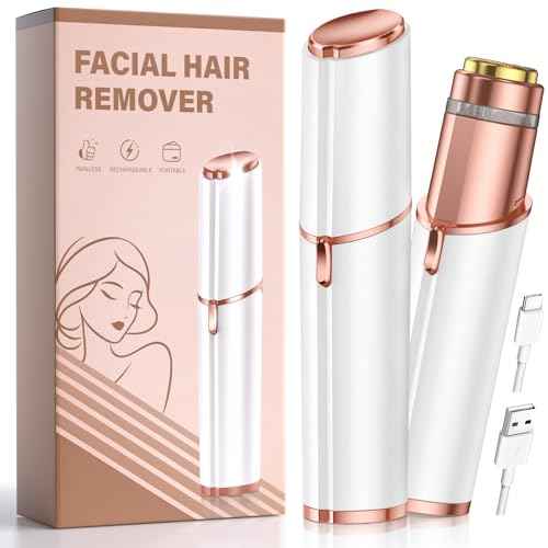 Facial Hair Removal for Women: Painless Rechargeable Face Shaver Electric Hair Remover Device for Peach Fuzz Upper Lip Chin (White)