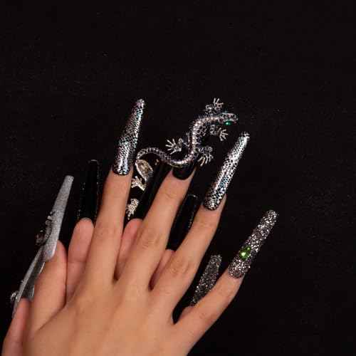 LOVFUL Press on Nails Mr Gecko | Handmade with Full Covered Crystals | Reusable Fake Nails | Coffin Long 2.2 in | H62-M