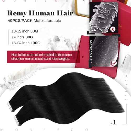 Moresoo Tape in Hair Extensions Human Hair #1 Jet Black Hair Tape in Human Hair Extensions Invisible Glue in Extensions Real Hair Straight 40 Pieces 100g 24 Inch