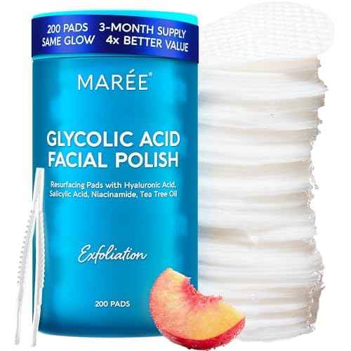 MAREE Glycolic Acid Pads ? 200 Toner Pads for Face Cleansing ? Facial Exfoliating Pad with Tea Tree Oil, Salicylic Acid & Vitamins E, B3, B5 ? Acne Clearing Face Pad, Skin Pore Resurfacing & Radiance