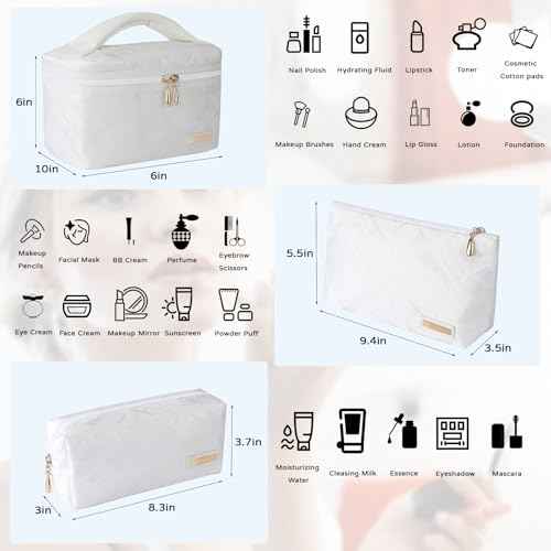 Richeart 3PC Makeup Bag Set, Cationic Jacquard Large Cosmetic Organizer, Back-Coated Solvent-Free Travel Toiletry Bag for Women - White