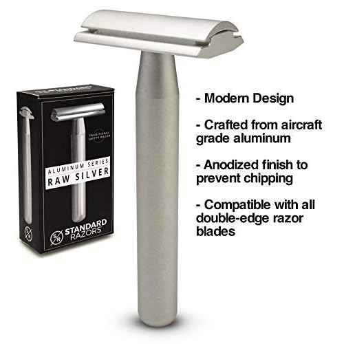 Aluminum Double Edge Safety Razor - Raw Silver | Three Piece Double Edge Safety Razor