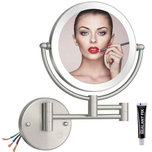 Bathroom Magnifying Makeup Mirror Wall Mounted with Light, Hardwired 7W LED Lighted Vanity Mirror, 360 Swivel 17.7 Inch Brass Extension Arm, Touch Dimmable, Brushed Nickel