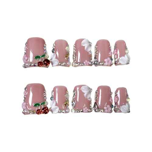Duck Press on Nails Duck Handmade Press on Nails 3D Luxury Rhinestone Cherry and Pearl Acrylic Fake Nails Designs Flower Stick on Nails Full Cover Thickened False Nails for Women Nail Art DIY£¨M)