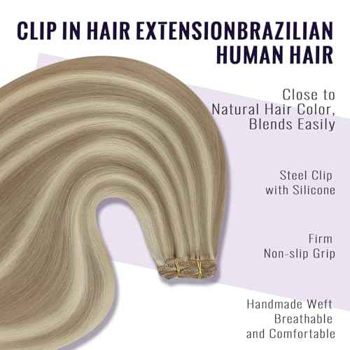 Fshine Clip in Hair Extensions Real Human Hair Ash Blonde Highlighted Golden Blonde Clip in Extensions Lace Double Weft Full Head Long Straight and Soft 18 Inch 120 g 7 pcs