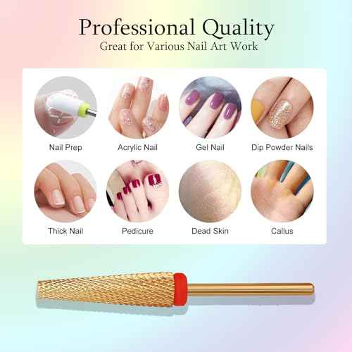 Super Long 5 in 1 Nail Drill Bits, Professional 3/32'' Carbide Tungsten Two Way Rotary Advanced Safety Bits, Fast Remove for Manicure Pedicure Cuticle Acrylic Nails (Gold, Fine-F)