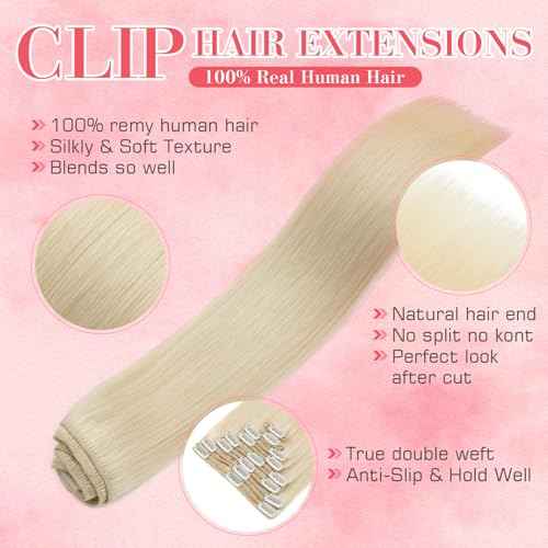 S-noilite Clip in Hair Extensions Real Human Hair Platinum Blonde Clip on Extensions 18 Inch 8pcs 140g Straight Double Weft #60