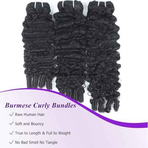 Burmese Curly Bundles Human Hair 18 20 22 Inches 3 Bundles 3C4A Water Wave Quick Weave with Spiral Curly End 100% Raw Human Hair Bundles Curly Hair Extensions for Women Natural Black