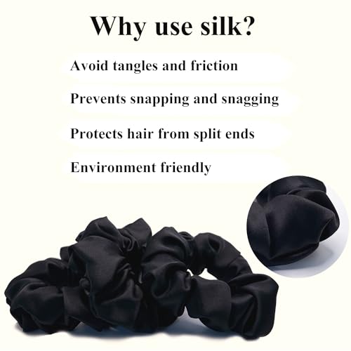 VLOMOT 3 Pcs Set 100% Pure Mulberry Silk Hair Scrunchies Silk Hair Ties with Chic Color Everyday Scrunchies Silk Ponytail Holders Hair Care No Damage (Black)