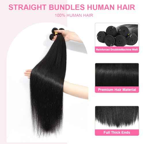Straight Human Hair Bundles 12A Brazilian Human Hair 3 Bundles 100% Unprocessed Virgin Human Hair Extensions Natural Black Color 18 20 22 Inch