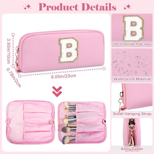 2Pack Personalized Initial Letter Patch Makeup Bag,Pink Cute Preppy Cosmetic Bag with Small Makeup Brush Bag,PU Travel Toiletry Zipper Pouch,Personalized Gifts for Women Teen Girls Friend Mom,Letter C