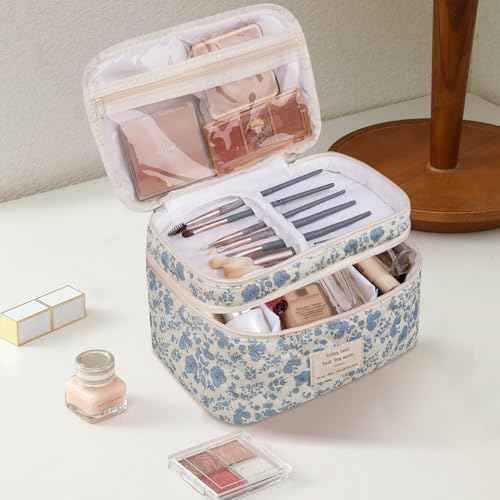 Makeup bag, Large Cosmetic Bag for Women Girls, Cute Quilted Makeup Bags, Floral Coquette Aesthetic Toiletry Bag, Travel Make Up Organizer Bag (Blue Flowers)