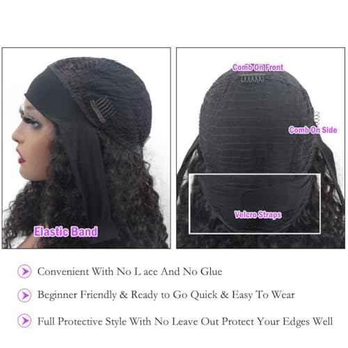 Headband Wig Human Hair Water Wave None Lace Front Glueless Curly Wig With Pre-Attached Scarf For Black Women Put And Go Wig Natural Beginner-Friendly 14 Inch