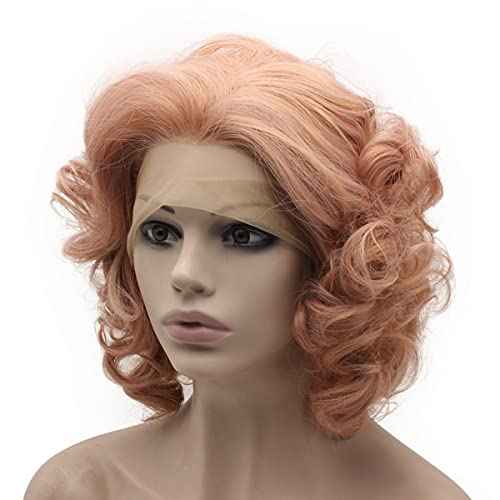 MX angel Short Curly Synthetic Hair Lace Front Rose Pink Wig Heat Friendly Fiber Hair