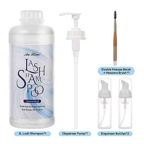 Lash Shampoo for Lash Extensions 1L/35fl.oz Eyelash Extension Cleanser Lash Cleaning Kit, Gentle Foaming Eyelash Shampoo with Brush and Wash Bottle for Salon Home Care Unscented