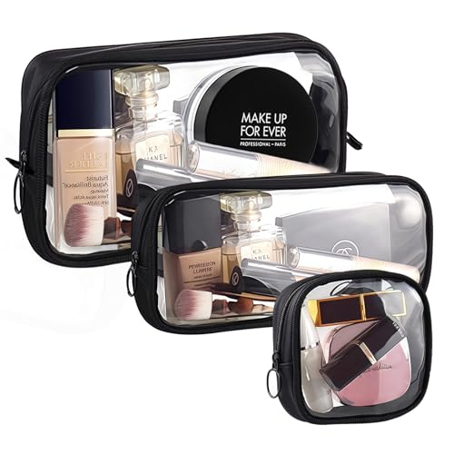 Clear TSA Approved Toiletry Bag Set - 3 Pack (Large, Small and Mini) Clear Cosmetic Bag with Zipper, Quart Size Travel Essentials Organizer Perfect for Carry-On Luggage (TPU-3LSM-Black)