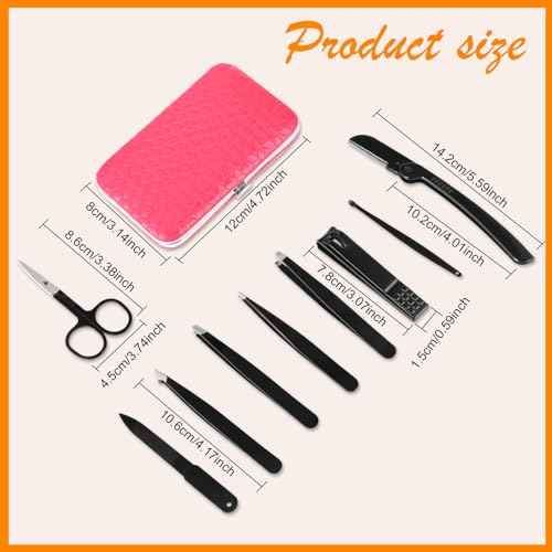Yougai Tweezers Set, 9 Pcs Professional Stainless Steel Tweezers Kit for Women Facial Hair, Precision Eyebrow Tweezer Kit with Curved Scissors and Eyebrow Razor for Ingrown Hair Removal