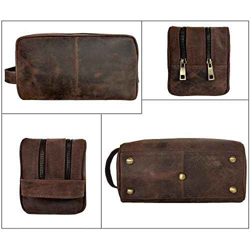 RUSTIC TOWN Full Grain Leather Travel Toiletry Bag - Cosmetic Ditty Kit Organizer (Dark Brown)