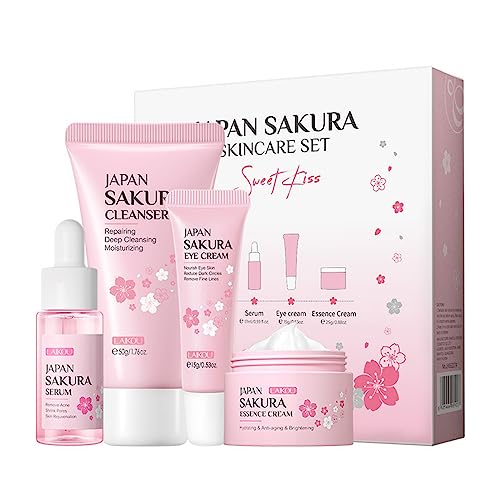 Travel Skincare Kit (4PC) - JAPAN SAKURA Gentle Daily Routine Set for Teen Girls & Women, Includes Hydrating Cleanser, Anti-Aging Serum, Essence & Eye Cream, Sensitive Skin & Holiday Gift