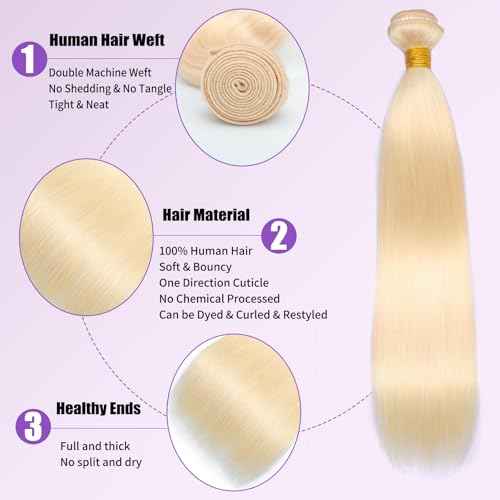 613 Bundles Human Hair 24 Inch Straight Blonde Bundles Human Hair 100% Unprocessed 12A Grade Brazilian Virgin Raw Hair Quick Weave 1 Bundles Blonde Human Hair Bundles Hair Extensions for Women