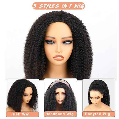 Domiso Afro Kinky Curly Half Wig Human Hair Seamless Kinky Curly 3 In 1 Half Wig Flip Over Beginner Friendly Glueless Wear & Go Drawstring Heandband Clip in Wig No Sew In Black Color 20 Inch