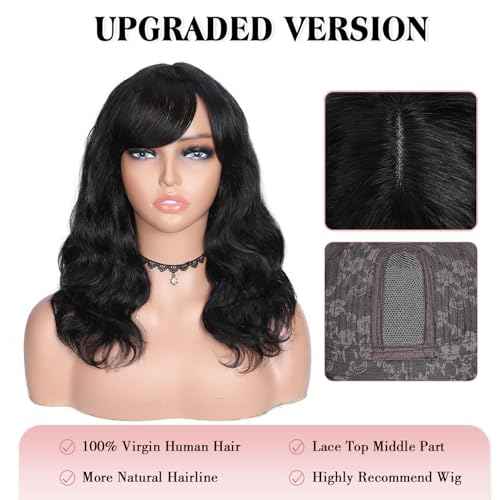 Fancy Hair Natural Wavy Human Hair Wig with Bangs Glueless Body Wave Brazilian Virgin Human Hair Wigs with Bangs for Black Women Natural Black 16 inches