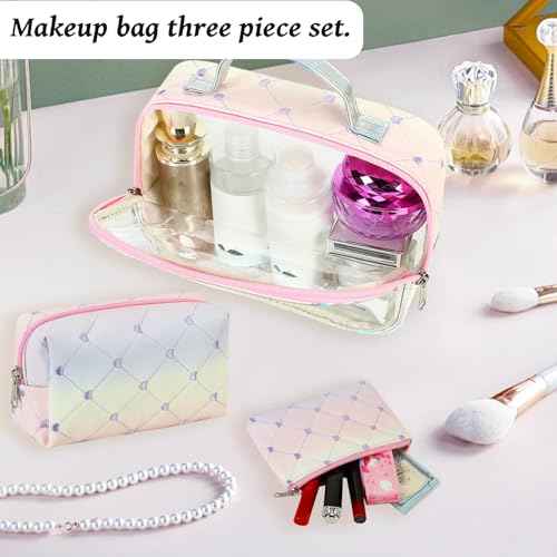 Bluboon 3Pcs Makeup Toiletry Bag for Women, Clear Packing Cubes Cosmetic Bag for Travel Women With Zipper Travel Essentials (Corduroy Checkered)