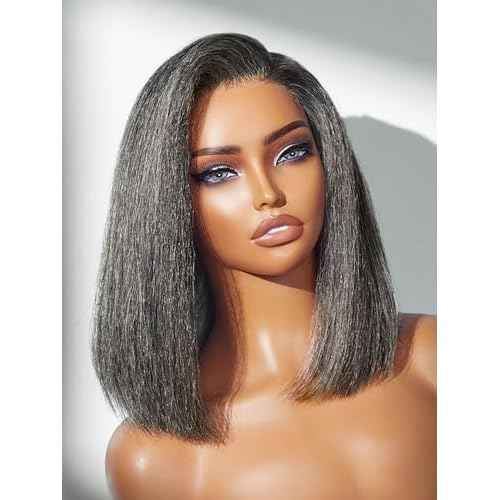 LUVME HAIR 12'' Grey Salt & Pepper Bob Wig Blunt Cut Bob Wig Pre Cut Glueless Wigs Glueless Lace Front 12 Inches Bob, Pre Cut Plucked Hd Lace Short Wig Ready To Go Natural Color Straight Side Part