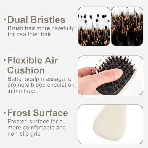 Mini Boar Bristles Hair Bursh, Travel Size Hair Brush for Women Men Kids, Protable Small Hair Brush for Pockets Purses, Mini Detangler Brush for Smooth Add Shine(White)