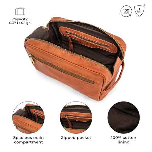BERLINER BAGS Vintage Genuine Leather Toiletry Bag Tim M, Large Capacity Cosmetics Bag for Men and Women for Travel - Brown