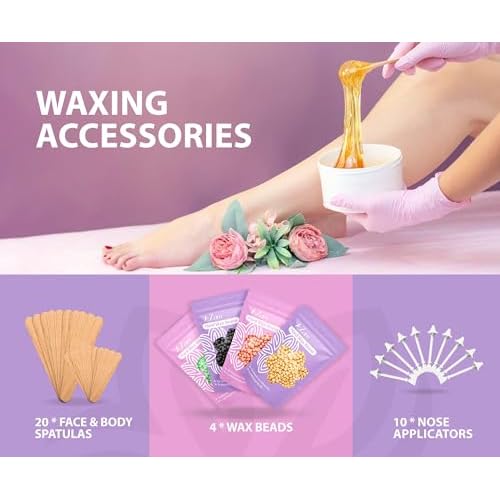 AZAM Hard Wax Beads,Hot Wax Beads,Hair Removal for Full Body4X100G Painless Hard Wax Beans with 10 large applicators 10 smaller ones, 10 nose sticks, Professional Wax Beads for Eyebrow, Bikini