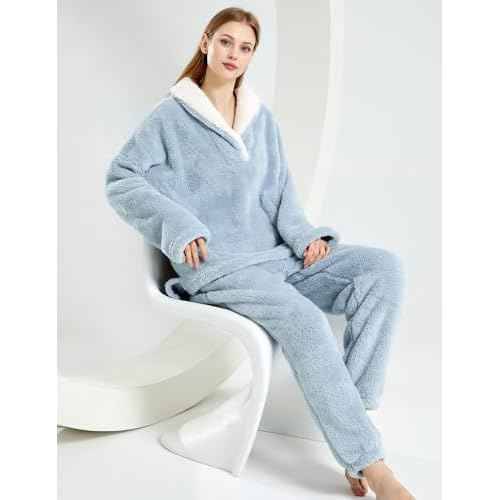 Gihuo Women' s Fluffy Pajamas Set Fleece Pullover Pants Loose Plush Sleepwear 2 Piece Pjs Set Warm Loungewear Fuzzy