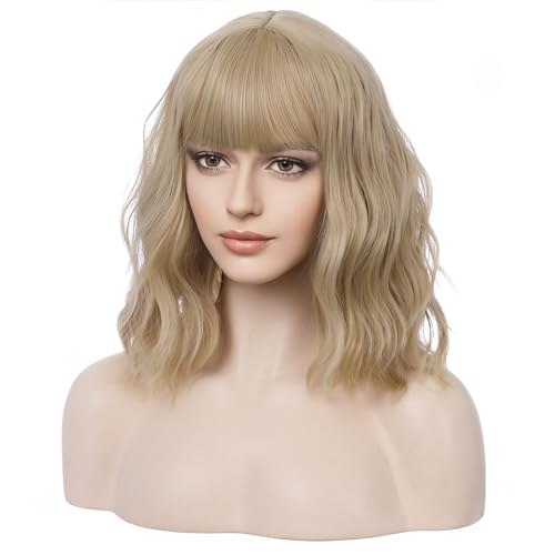 BERON Blonde Wigs for Womens Short Curly Wavy Wig with Bangs Girls Dark Blond Wigs Heat Resistant Synthetic Hair Party Daily Use Wigs