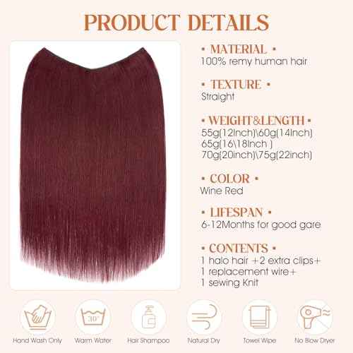 S-noilite Halo Hair Extensions Real Human Hair,Invisible Wire Hair Extensions with Adjustable Fish Line Halo Extensions for Women 16Inch 80G(Wine Red)