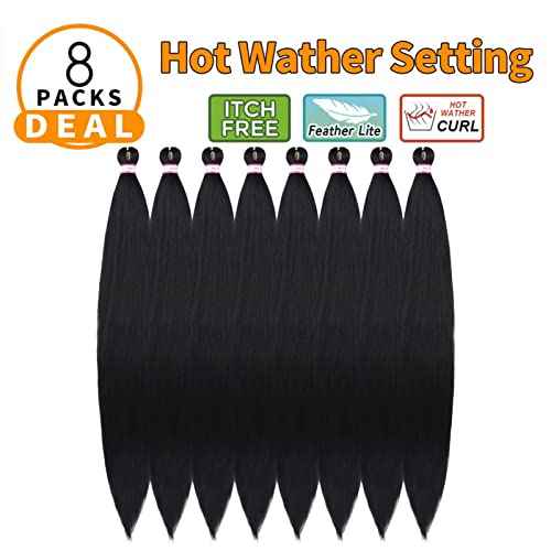 Pre Stretched Braiding Hair 8 Packs 48 Inch Natural Black Color Long Professional Hair for Braiding Twist Braids Itch Free Hot Water Setting Yaki Straight Synthetic Hair Extensions (#1B)