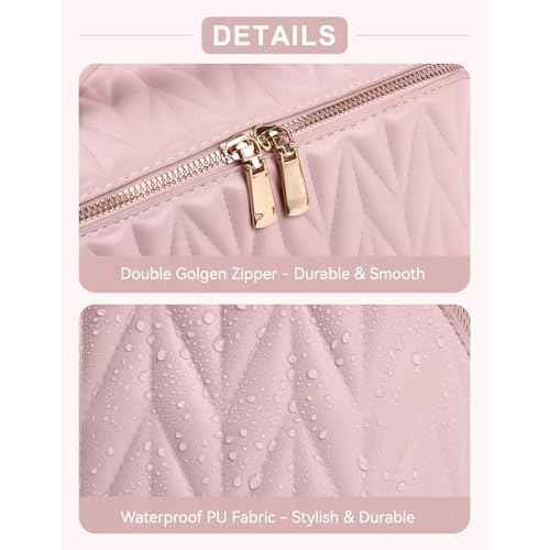 Travel Makeup Bag for Women, Large Capacity Cosmetic Bags for Girls, Compact Pouch Make up Organizer, Waterproof Toiletry Bag with Divider and Handle (Pink)