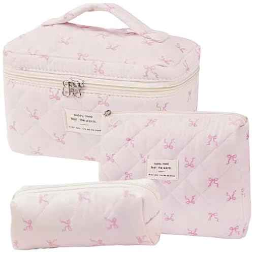 3 Pcs Quilted Makeup Bag Set,Coquette Bow Make up Bag,Cute Floral Makeup Bags Large Travel Toiletry Cosmetic Bag Organizer for Women Girls (I-3PCS)