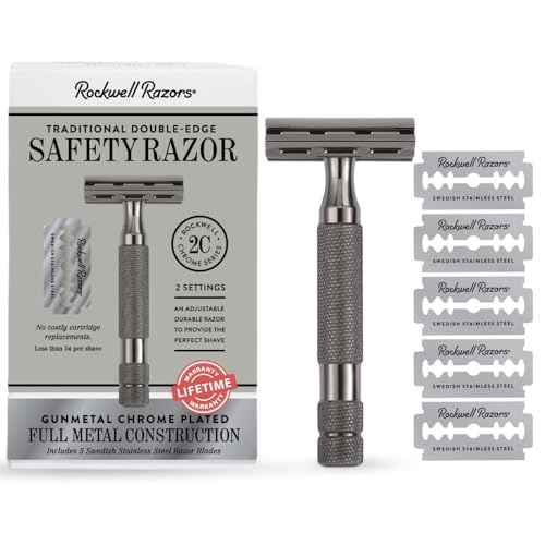ROCKWELL RAZORS 2C Gunmetal Chrome Double Edge Safety Razor With Adjustable Shave Settings and 5 Fully Recyclable Razor Blades. Reusable Safety Razors for Men and Women