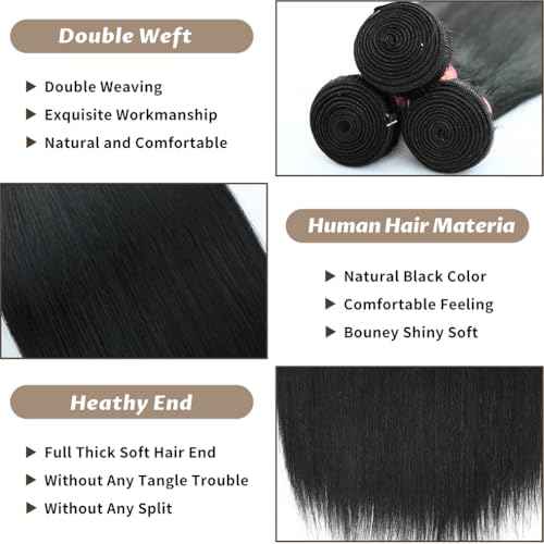 16 18 20 Inch Human Hair Bundles 12A Straight Bundles Human Hair 100% Unprocessed Brazilian Virgin Hair for Women Quick Weave Hair 3 Bundle Deals Hair Extensions Natural Black