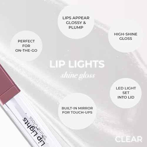 MCoBeauty - Lip Lights Shine Gloss - Clear Lip Gloss - High Shine Glass-Like Finish with Built-In LED Light & Mirror - Moisturising Lightweight - Face Makeup